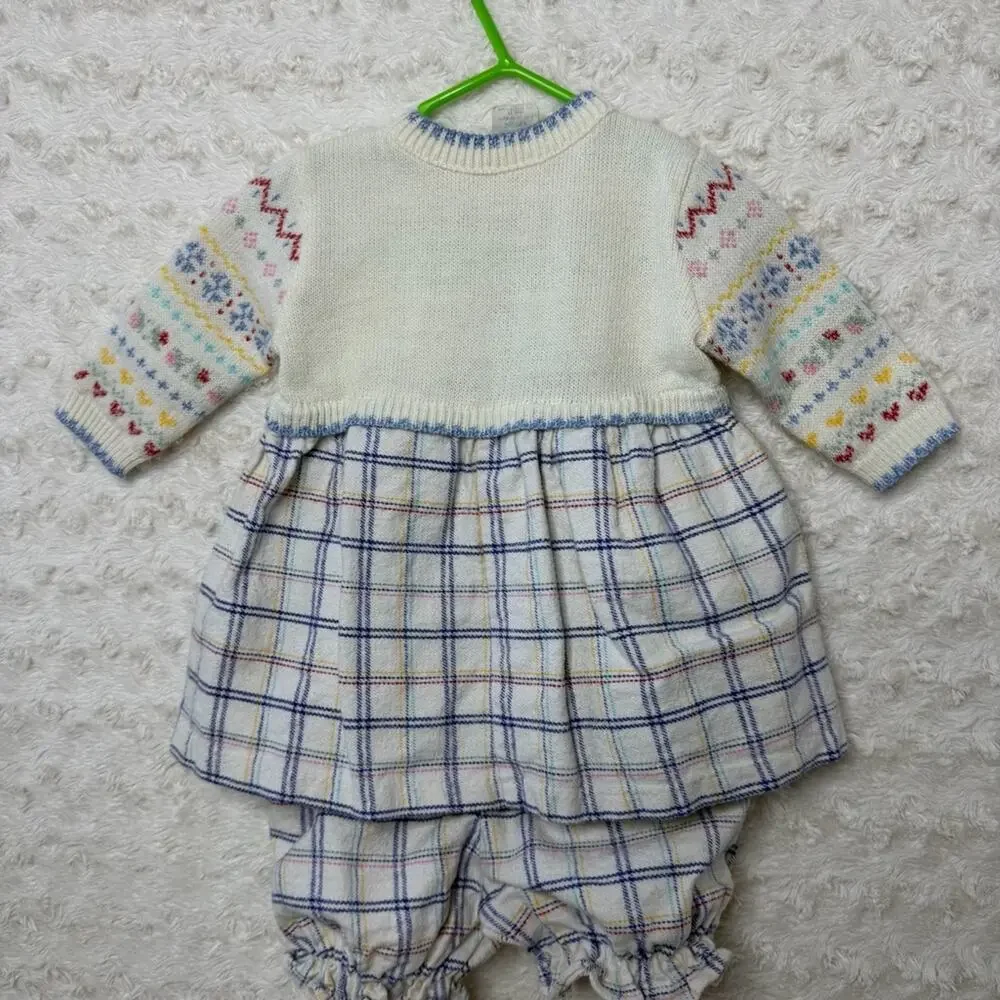 Vintage Sweater & Flannel Infant 2 piece Dress Hearts Flowers 3/6 months CUTE